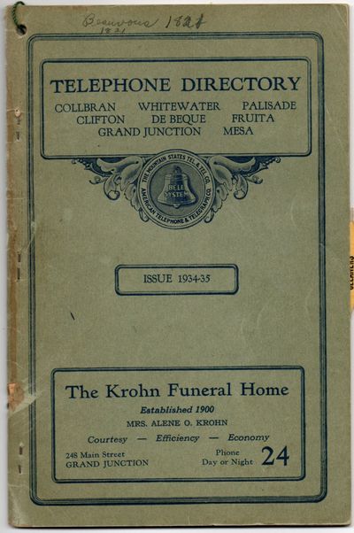 [AMERICANA] [PHONE DIRECTORY] COLORADO. 1934-35. COLLBRAN. WHITEWATER. PALISADE. CLIFTON. DE BEQUE. FRUITA. GRAND JUNCTION. MESA