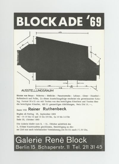 Exhibition card: Blockade ‘69: Raum VIII Reiner Ruthenbeck (26 September-29 October 1969)