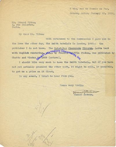 Archive Of Samuel Putnam, Early 20th Century Publisher And Scholar Of Romance Languages Discussing Young Authors Like Samuel Beckett And William Carlos Williams