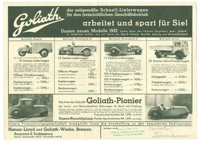 Goliath der zeitgemase Schnell-Lieferwagen fur then fortschrittlichen Geschaftsbetrieb arbeitet und spart fur Sie! (Advertising Broadside and Price List)