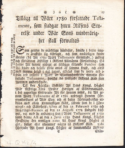 Tillägg til Wårt 1780 författade Testamente ...