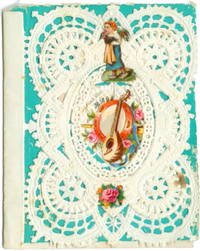 Vibrant Teal Background with Mandolin, Tambourine, Dutch Girl and Flowers