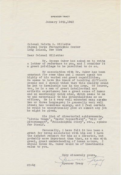 Typed Letter Signed on behalf of George Cukor