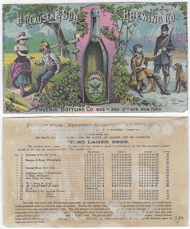 VICTORIAN TRADE CARD FOR H. CLAUSEN AND SON BREWING COMPANY CHAMPAGNE LAGER BEER WITH FARMER AND HUNTERS