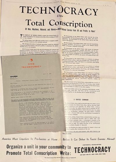 Technocracy urges total conscription of Men, Machines, Materiel, and Money -with National Service From All and Profits to None! [poster with cover letter]