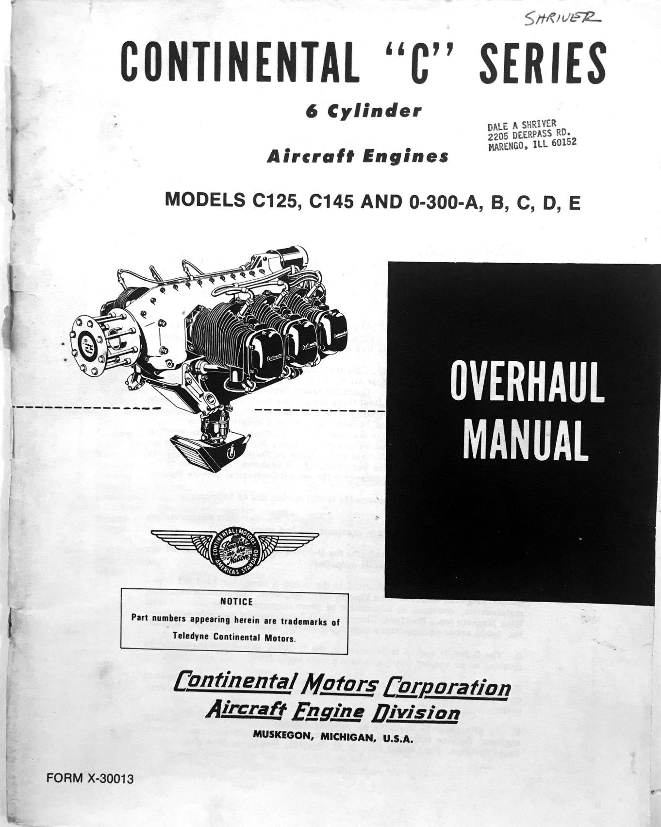 Continental "C" Series 6 Cylinder Aircraft Engines Models C125, C145