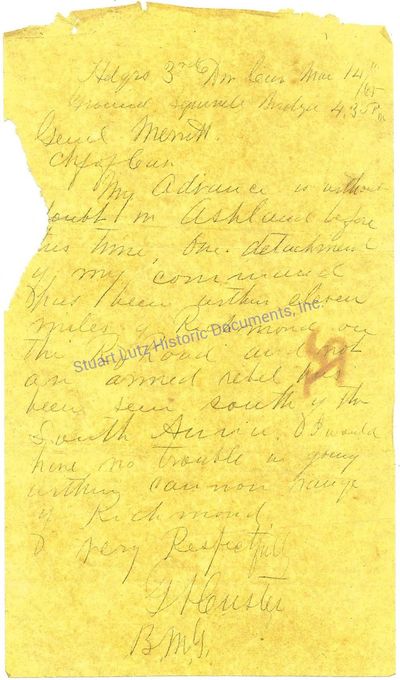 George Custer Writes To Cavalry General Wesley Merritt Four Weeks Before Appomattox: Not An Armed Rebel Has Been Seen South Of The South Anna. I Would Have No Trouble In Going Within Cannon Range Of Richmond