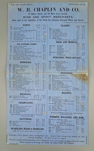 [WINE] [LIQUOR] [TRADE CATALOGUE] W.H. CHAPLIN AND CO. WINE AND SPIRITS MERCHANTS - FOR THE TRADE ONLY - DUTY-PAID STOCK