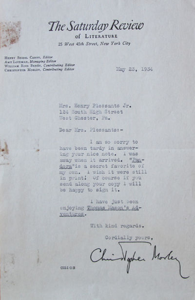Typed Letter Signed New York, May 23, 1934, on the Letterhead of the Saturday Review of Literature, to Mrs. Henry Pleasants Jr., West Chester, Pennsylvania