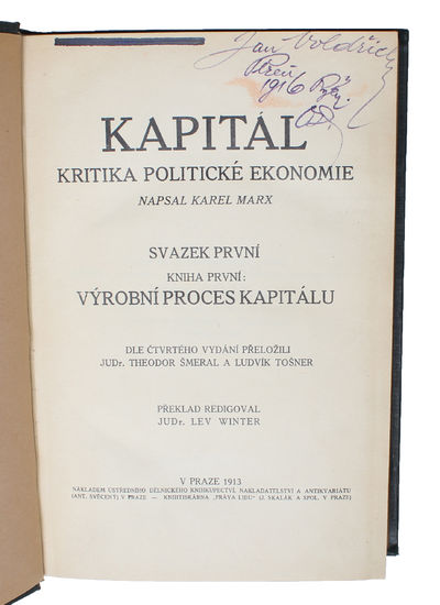 Kapitál. Kritika Politické Ekonomie. [i.e. Czech "Das Kapital"]. [Translated by Theodor Smeral]. - [FIRST CZECH TRANSLATION OF DAS KAPITAL] (photo 2)