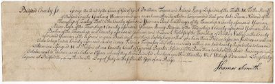 1775 - A warrant directing Pennsylvania sheriff arrest several men on the charge of "Felonious Trespass" signed by Justice of the Peace Thomas Smith, a member of the Bedford County Pennsylvania revolutionary Committee of Correspondence, who would become a Revolutionary War Colonel and later be arrested for opposing the state's first Constitution of 1776