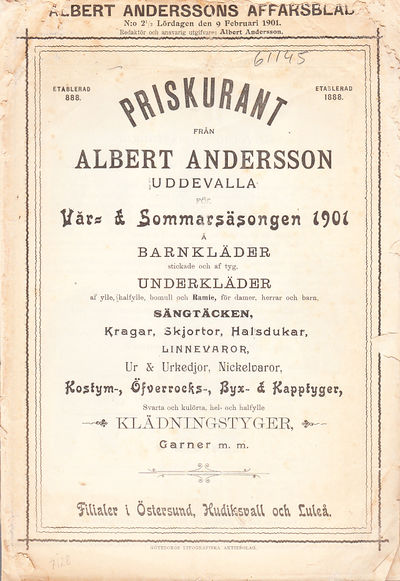 Priskurant från Albert Andersson Uddevalla för…