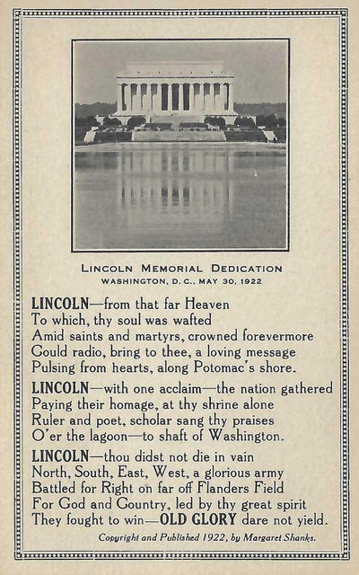 Lincoln Memorial Dedication Poem, Washington, D.C., May 30, 1922