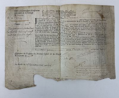 QUITTANCE FOR THE OFFICE OF COMMISSAIRE-VÉRIFICATEUR | VOUVRAY, FRANCE, 1702 | SALT TAX (GABELLE) ADMINISTRATION UNDER LOUIS XIV