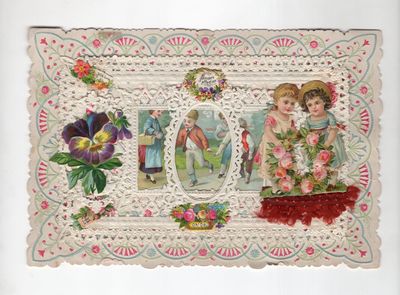 Elaborate 8vo Valentine with Lace Paper, Victorian Scrap, Silk Trim -- Florals, Children at Play