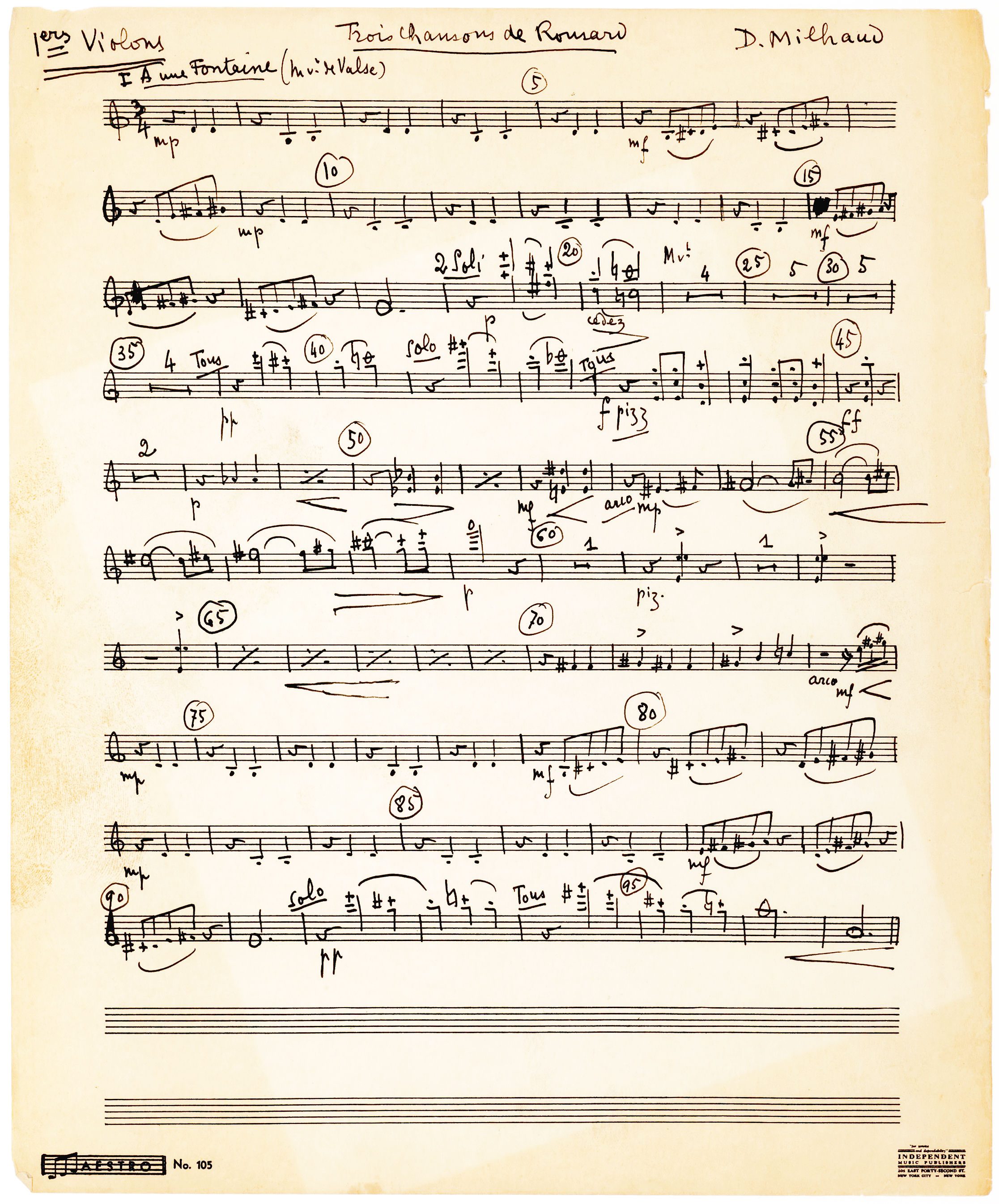 Milhaud AMusMsS Fragment of Trois Chansons de Rons