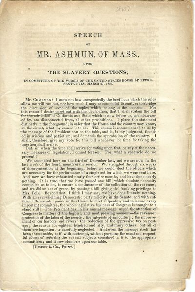SPEECH OF MR. ASHMUN, OF MASS., UPON THE SLAVERY QUESTIONS, IN COMMITTEE OF THE WHOLE OF THE UNITED STATES HOUSE OF REPRESENTATIVES, MARCH 27, 1850