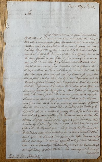 Letter Signed to John Stoddard Boston May 5th, 1748