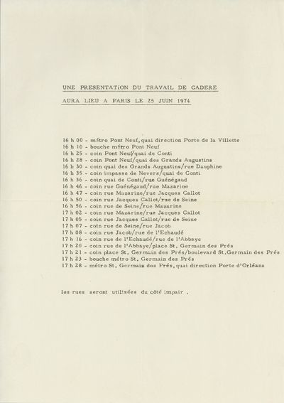 Flyer: Une Presentation du Travail de Cadere Aura Lieu A Paris Le 25 Juin 1974