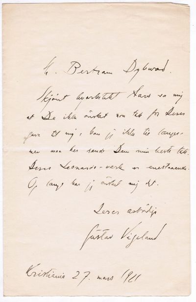 Brev til Bertam Dybwad, Kristiania 27. mars 1921.…
