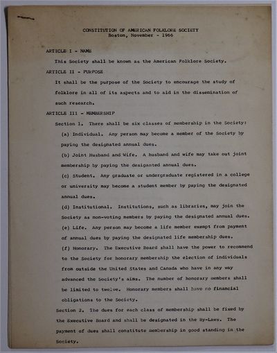 Constitution of American Folklore Society, Boston, November - 1966