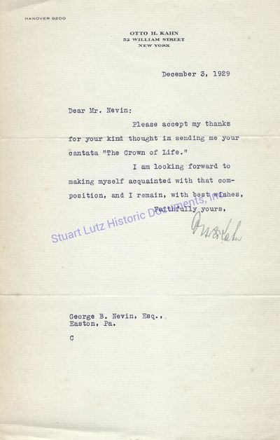 Just After The 1929 Crash, Businessman Otto Kahn Exchanges Letter With Composer About New Biblical Cantata