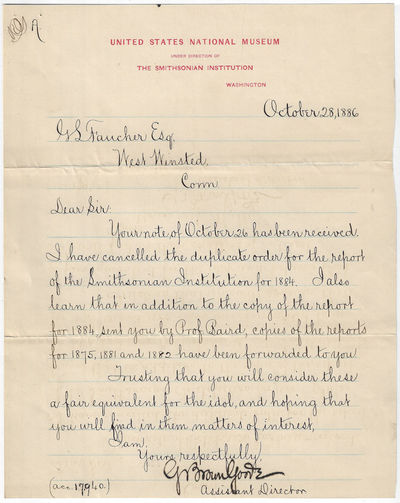 1886 - The "father of the modern American museum," G Brown Goode, thanks a man for donation an "Idol" to the Smithsonian's "United States National Museum