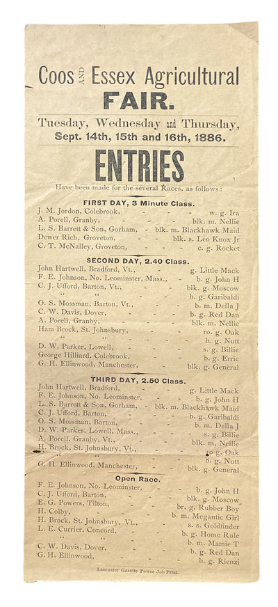 Coos and Essex Agricultural Fair. Tuesday, Wednesday and Thursday, Sept. 14th, 15th and 16th, 1886 (Horse Racing)
