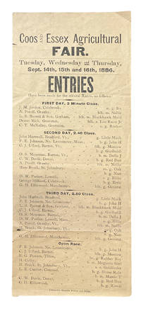 cover of Coos and Essex Agricultural Fair. Tuesday, Wednesday and Thursday, Sept. 14th, 15th and 16th, 1886 (Horse Racing)