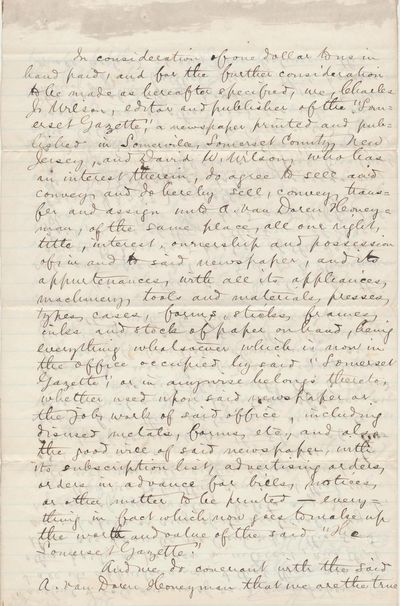 Agreement For The Sale Of A New Jersey Regional Newspaper, Dated 1875