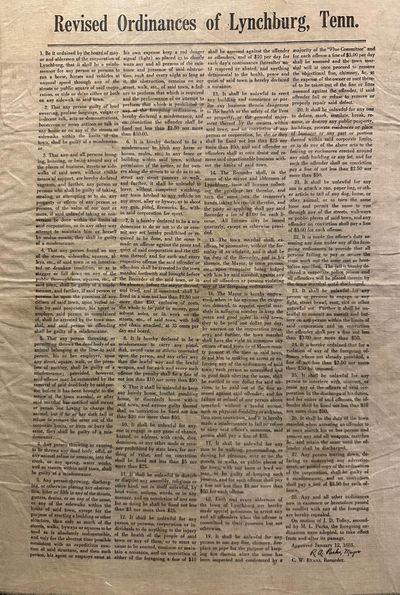 Lynchburg, TN: Board and Aldermen of Lynchburg, 1885. Broadside printed on linen, 16 x 11 1/2 inches...