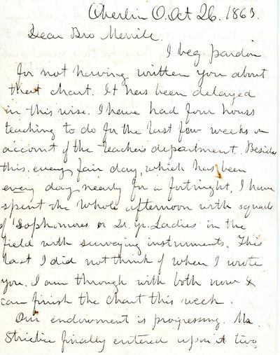 Autograph Letter Signed. Oberlin, Ohio. Oct. 26-29, 1863, to Rev. E.H. Merrill, Ripon, Wisconsin