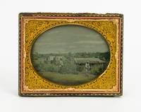 A handcoloured half-plate ambrotype of an Australian rural scene, featuring several crude bush...