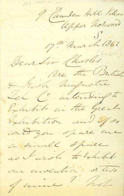 Autograph letter signed to Charles Tilston Bright