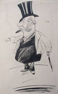 Ink Drawing of a portly late Victorian or Edwardian gent in a topper, smoking a cigar and pointing imperiously with his right hand, signed “Max” in upper right