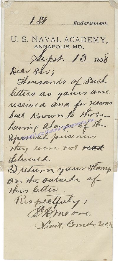 An Autographed Note By A Naval Lieutenant About Spanish Prisoners During The Spanish-American War