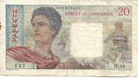 image of Tahiti 20 Franc Banknote / Currency (Pick # 21b) Papeete, French Polynesia (1954 Series)