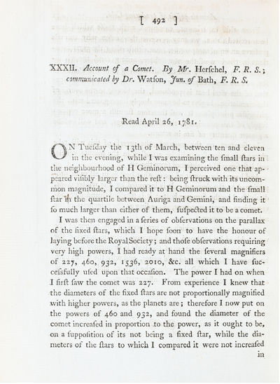 Account of a Comet; In Philosophical Transactions the Royal Society of London, vol. 71