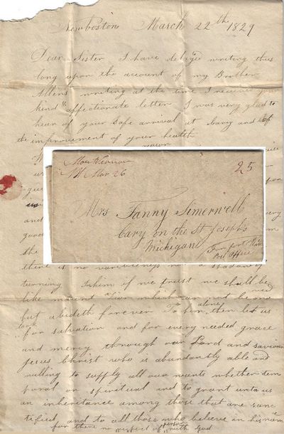 1829 - Letter from Josiah C. Goodridge in New Hampshire to his sister at the Carrey Pottawattamie Indian Reservation at Niles, Michigan