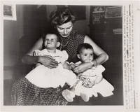Original press soundphoto (wire photo) of Ingrid Bergman with twin daughters, Isabella and Ingrid Rossellini, 1953