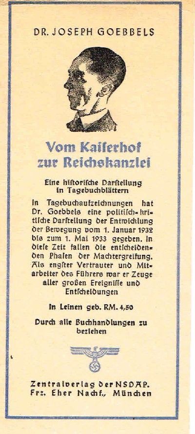 Dr. Joseph Goebbels: Vom Kaiserhof zur Reichskanzlei (bookmark) by