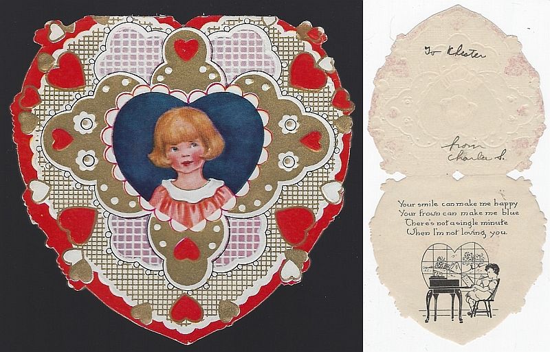 Valentine - Vintage Heart Shaped Valentine Card with Little Girl in Pink Dress