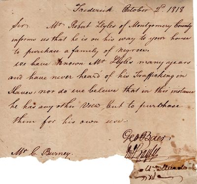 [Manuscript Document Confirming Montgomery County Resident Robert Lyles Not "Trafficking in Slaves," Just Simply a Slave Owner Himself]