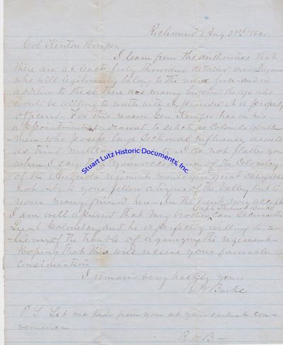 Shenandoah Valley Resident Writes To Confederate Colonel Kenton Harper Discussing Defense Of The Valley And Seeking Promotion For His Disabled Brother