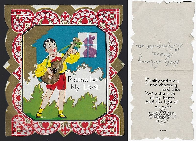 Valentine - Vintage Valentine Card with Little Boy Playing Guitar and Singing