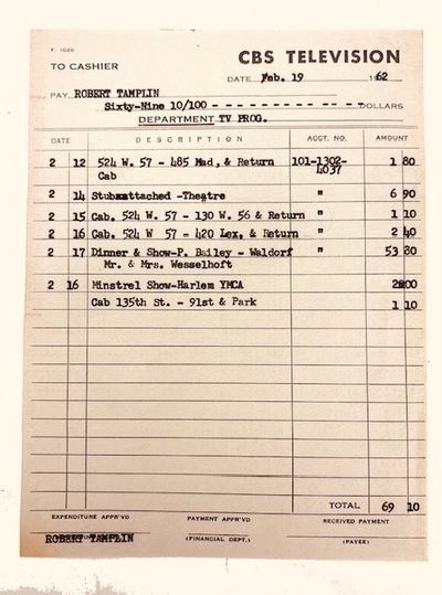 CBS Television Expense Account Invoice dated Feb. 19, 1962