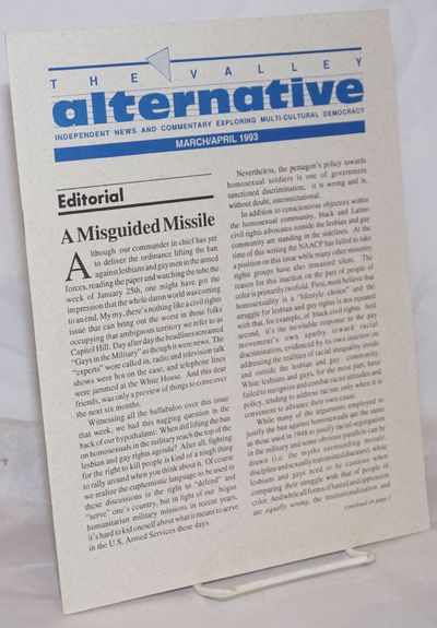 Guasti, CA: The Cvalley Alternative, 1993. 8p., 8.5x11 inches, news, opinion, events, reports, servi...
