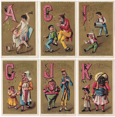 1880s - A full set of pristine French illustrated alphabet trade cards used to advertise the sale of clothing by a Massachusetts merchant