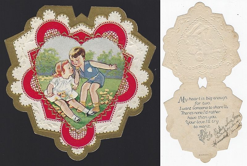 Valentine - Vintage Heart Shaped Valentine Card with Little Boy and Girl Picking Flowers
