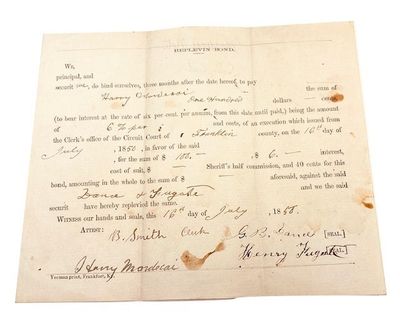 Replevin Bond executed by G. B. Dance and Henry Fugate promising to pay Harry Mordecai the sum of $100 plus interest at the rate of 6% per annum three months after the date of execution. The document is dated July 16, 1850 and is signed by Mordecai, Dance and Fugate. B. Smith, Clerk signed as Attesting withness